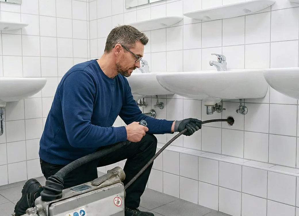 Techniker bei der Rohrreinigung im Einsatz